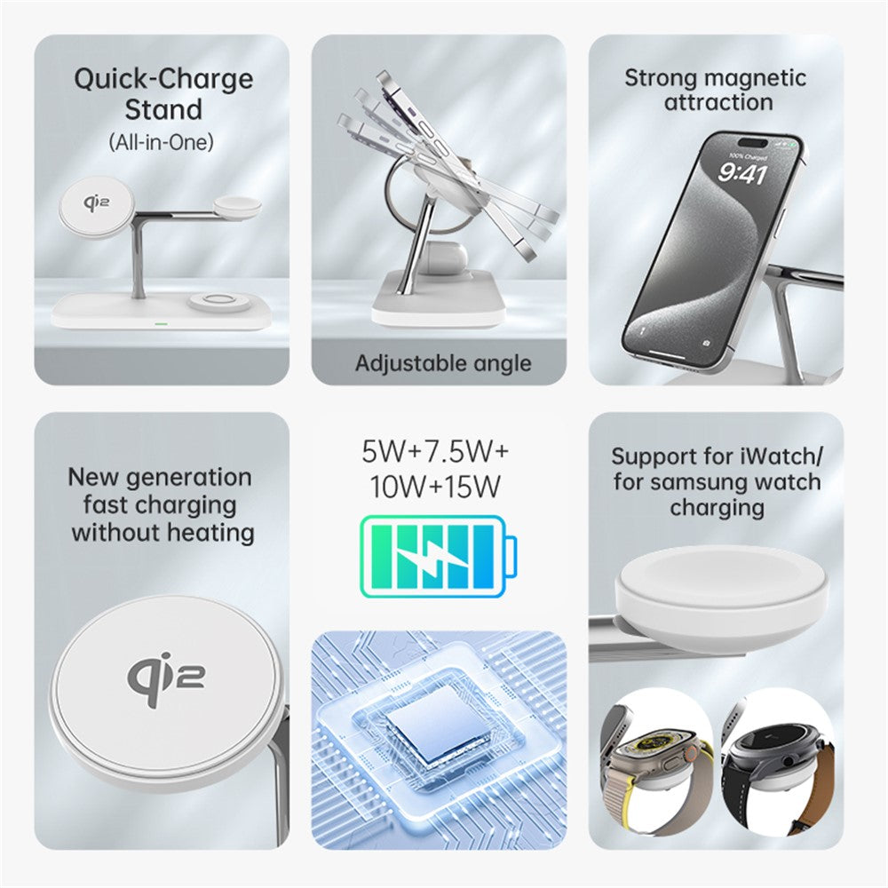 T255 Qi2 15W Magnetisches kabelloses Ladegerät für Handy, Uhr, Kopfhörer - 3in1 Desktop-Ladestation
