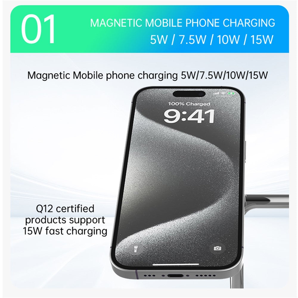 T255 Qi2 15W Magnetisches kabelloses Ladegerät für Handy, Uhr, Kopfhörer - 3in1 Desktop-Ladestation