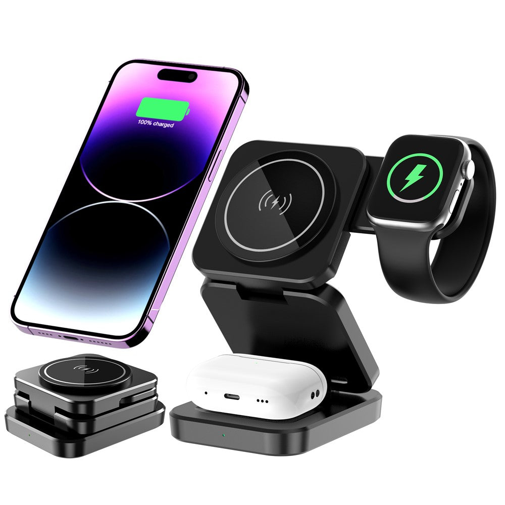 A390 3-in-1 15W Magnetisches Schnelllade-Ladekabel mit faltbarem Ständer für iPhone / Apple Watch / AirPods