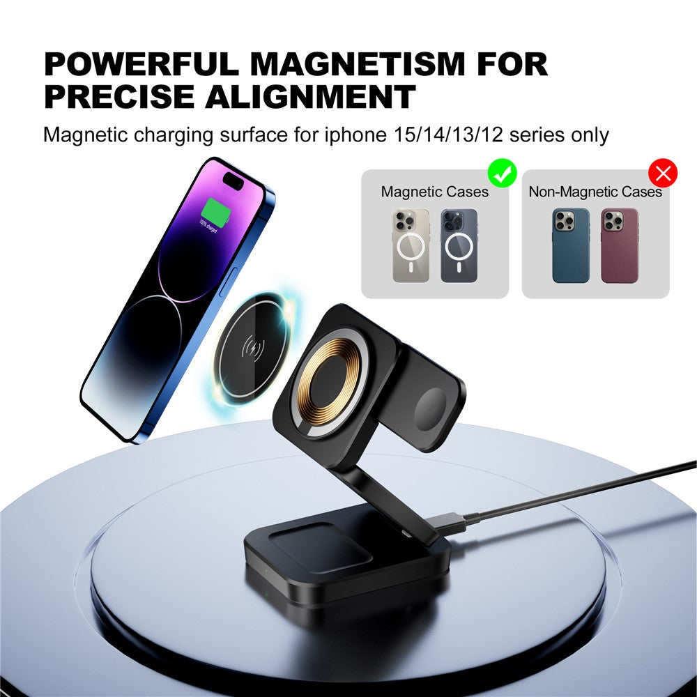 A390 3-in-1 15W Magnetisches Schnelllade-Ladekabel mit faltbarem Ständer für iPhone / Apple Watch / AirPods