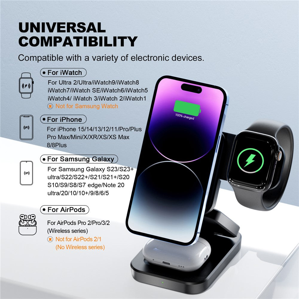 A390 3-in-1 15W Magnetisches Schnelllade-Ladekabel mit faltbarem Ständer für iPhone / Apple Watch / AirPods