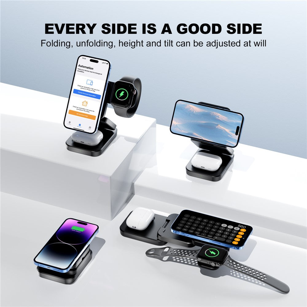 A390 3-in-1 15W Magnetisches Schnelllade-Ladekabel mit faltbarem Ständer für iPhone / Apple Watch / AirPods
