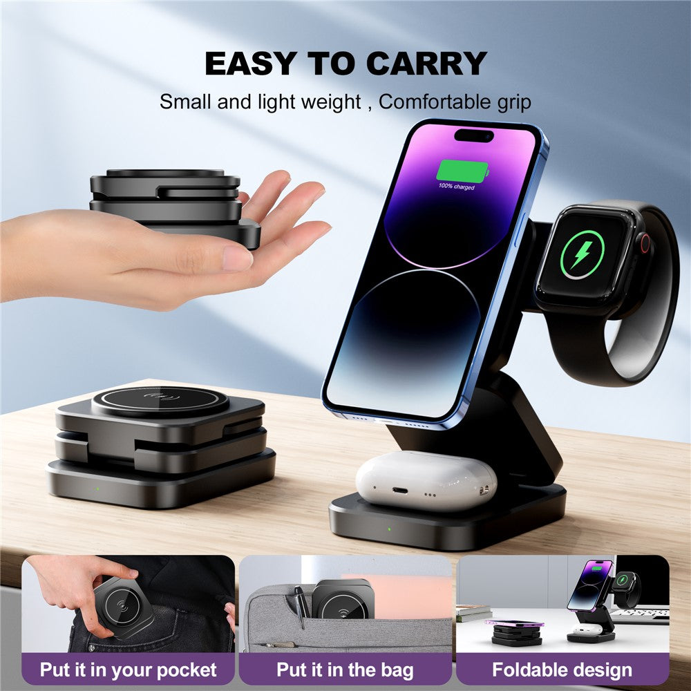 A390 3-in-1 15W Magnetisches Schnelllade-Ladekabel mit faltbarem Ständer für iPhone / Apple Watch / AirPods
