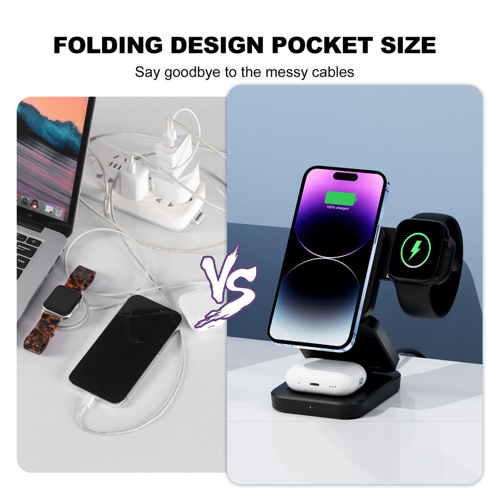 A390 3-in-1 15W Magnetisches Schnelllade-Ladekabel mit faltbarem Ständer für iPhone / Apple Watch / AirPods