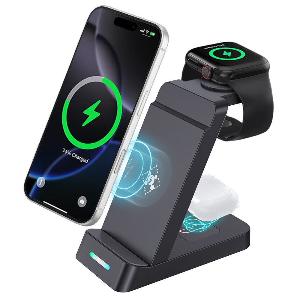 B-20A 3 in 1 Wireless Charging Station 15W Foldable Magnetic Charger Stand for Phone Earbuds Samsung Galaxy Watch 3 / 4 / 5 / 6 / 7