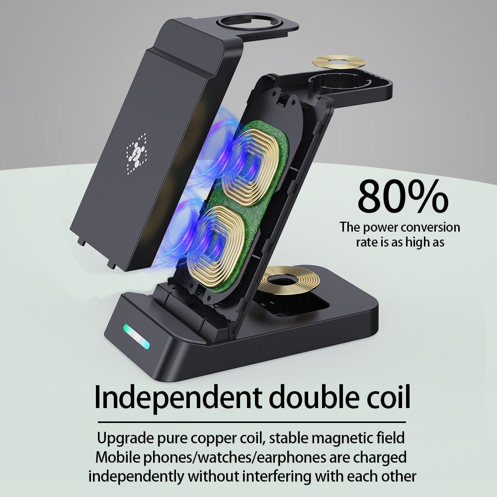 B-20A 3 in 1 Wireless Charging Station 15W Foldable Magnetic Charger Stand for Phone Earbuds Samsung Galaxy Watch 3 / 4 / 5 / 6 / 7