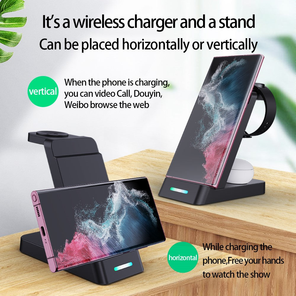 B-20A 3 in 1 Wireless Charging Station 15W Foldable Magnetic Charger Stand for Phone Earbuds Samsung Galaxy Watch 3 / 4 / 5 / 6 / 7