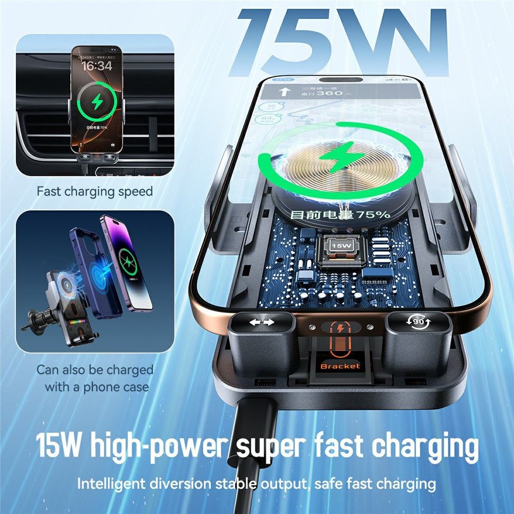 Smart Sensor Car Phone Holder 15W Wireless Charger Automatic Clamping Rotatable Mount with Cable Tie