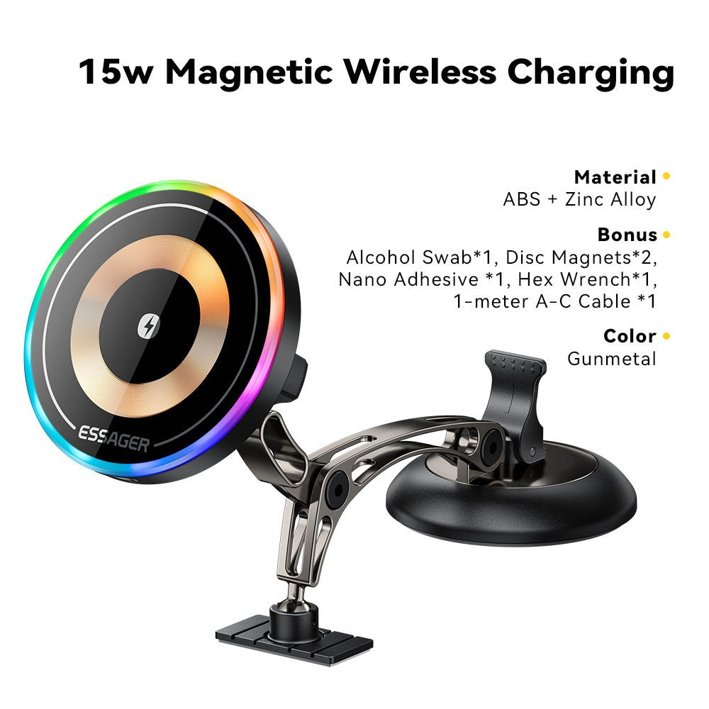 ESSAGER Magnetische Auto Handyhalterung mit RGB, 15W Wireless Charger für Armaturenbrett/Windschutzscheibe