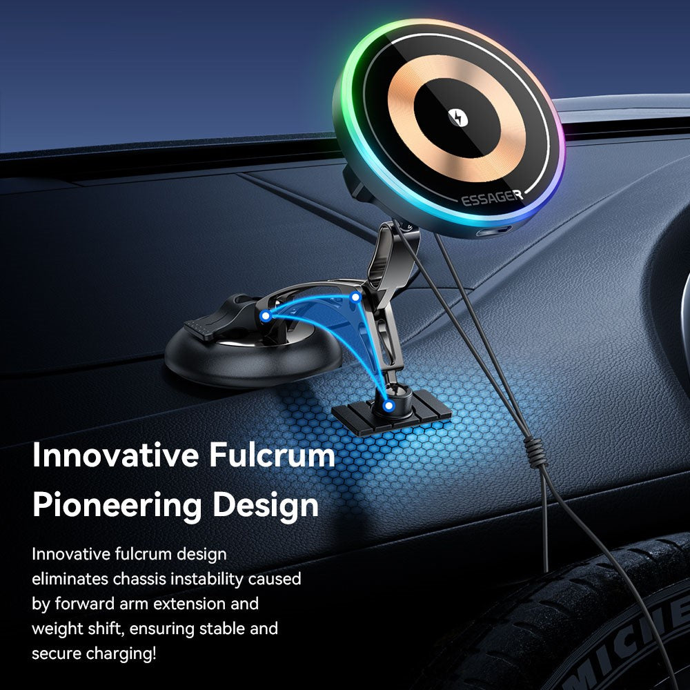 ESSAGER Magnetische Auto Handyhalterung mit RGB, 15W Wireless Charger für Armaturenbrett/Windschutzscheibe