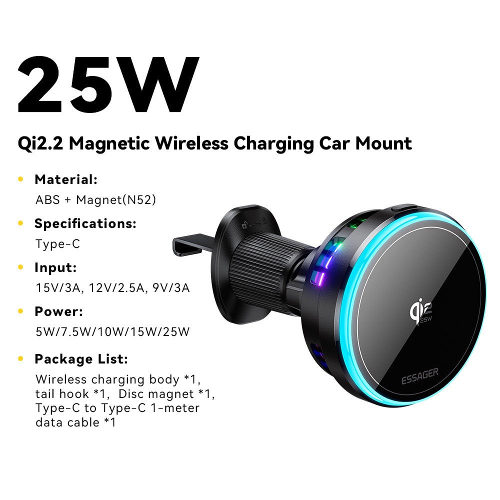 ESSAGER Qi2.2 25W Lade Halterung Lüftungsmagnet mit RGB-Licht
