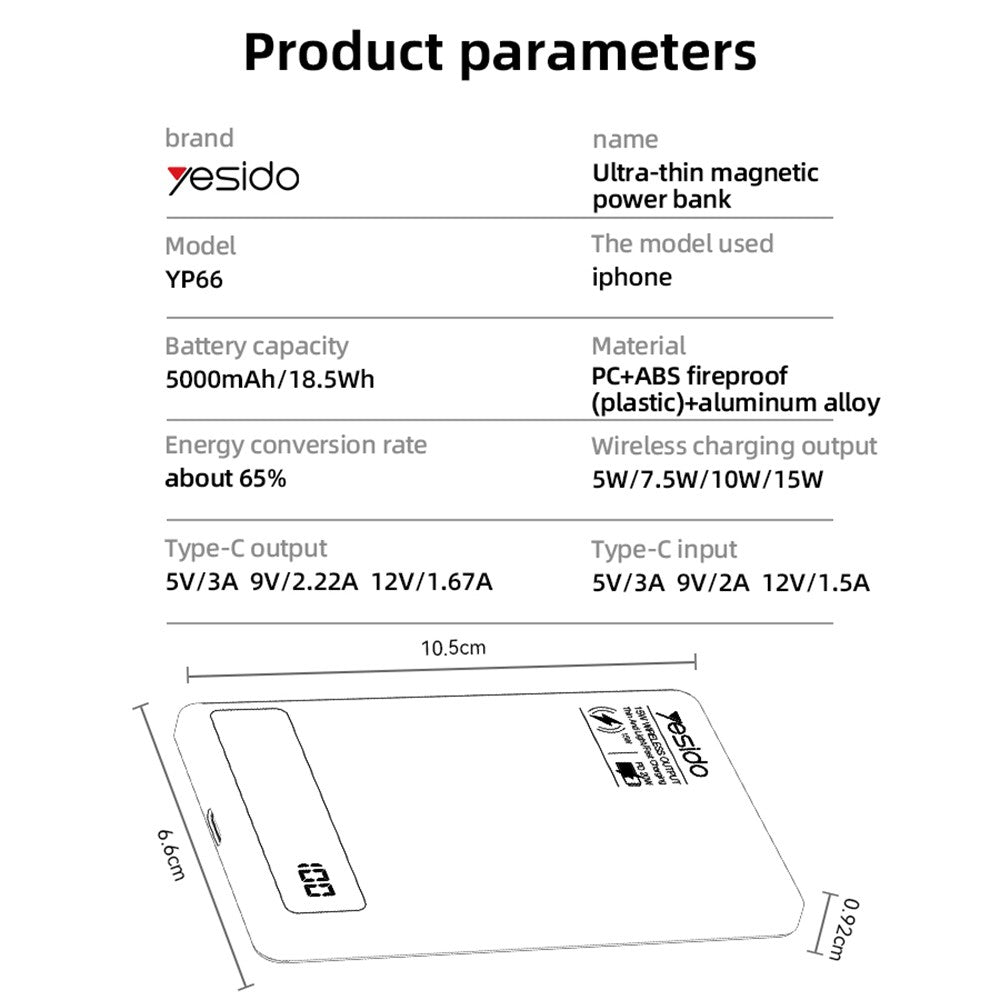 YESIDO YP66 Ultra-Thin Magnetic Wireless Power Bank, 5000mAh Digital Display Portable Phone Charger