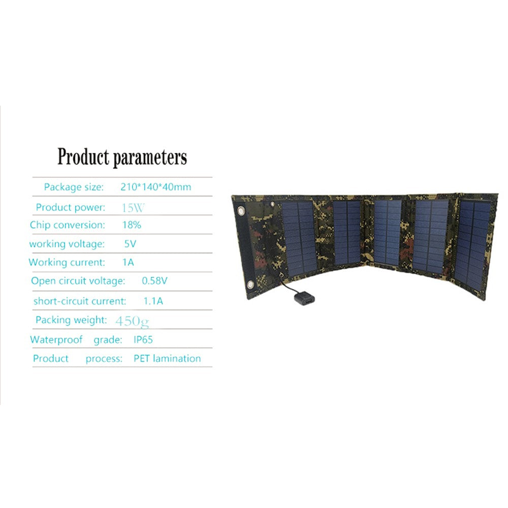 15W Portable Outdoor Solar Charger 5 Folding Solar Panels USB Phone Charging Power Bank