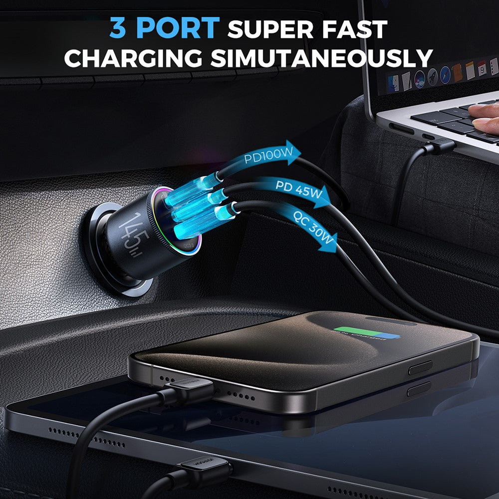 JOYROOM JR-CCN07 145W Super Fast Charging 3-Port Car Charger 2 Type-C + USB Car Charger Set with Type-C to Type-C Data Cable