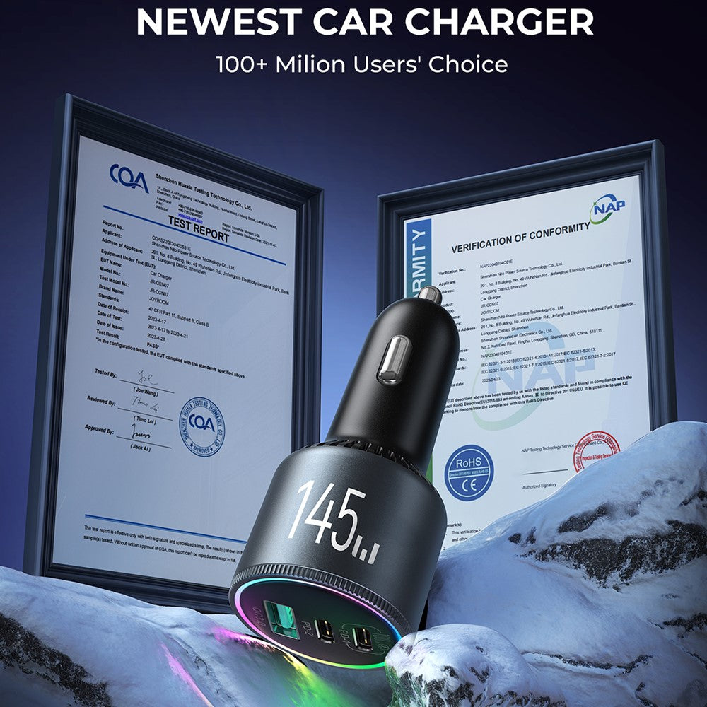 JOYROOM JR-CCN07 145W Super Fast Charging 3-Port Car Charger 2 Type-C + USB Car Charger Set with Type-C to Type-C Data Cable