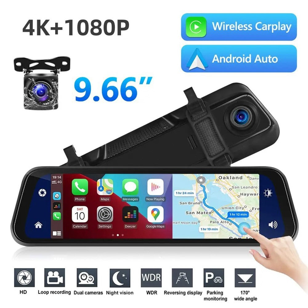 9.66" Touchscreen Dashcam mit CarPlay: 4K Streaming Rückspiegel mit Dual Lens & Nachtsicht