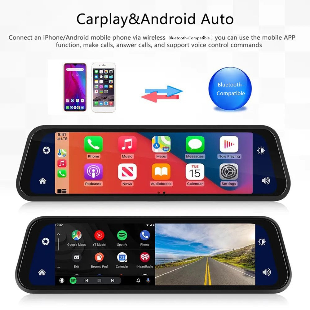9.66" Touchscreen Dashcam mit CarPlay: 4K Streaming Rückspiegel mit Dual Lens & Nachtsicht