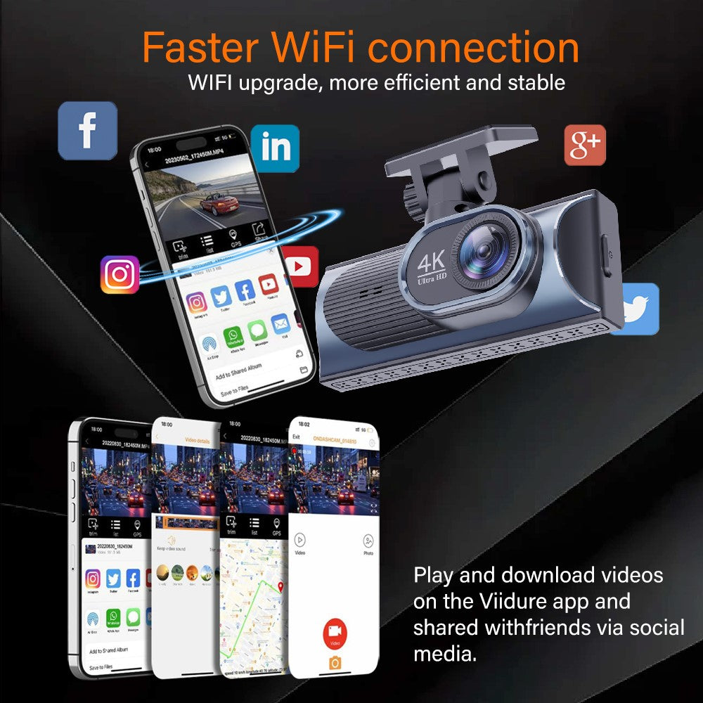 4K Dual-Kamera Dashcam mit 170° Weitwinkel, WiFi, GPS & Nachtsicht