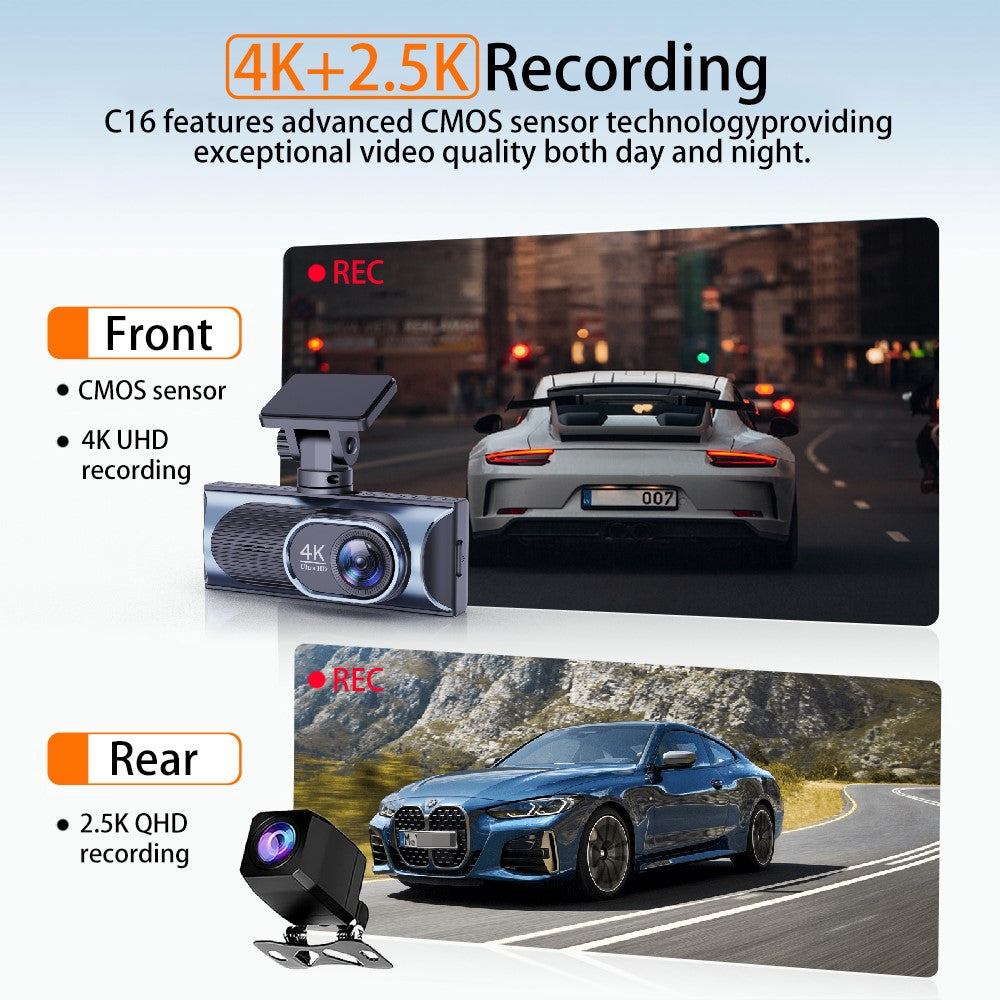 4K Dual-Kamera Dashcam mit 170° Weitwinkel, WiFi, GPS & Nachtsicht