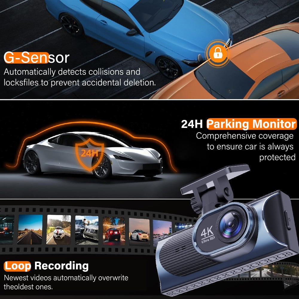 4K Dual-Kamera Dashcam mit 170° Weitwinkel, WiFi, GPS & Nachtsicht