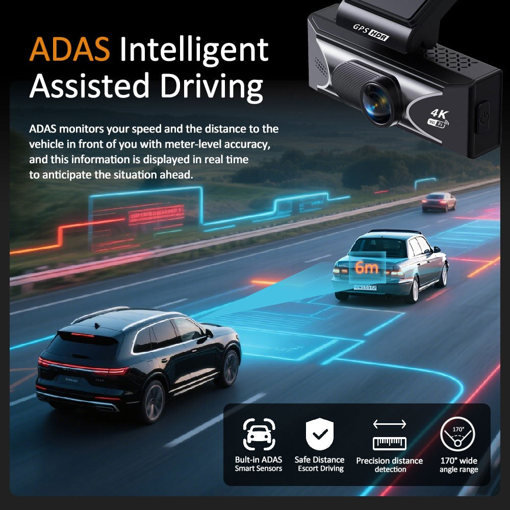 4K Dual-Dashcam mit ADAS, 170° Weitwinkel, Nachtsicht & G-Sensor
