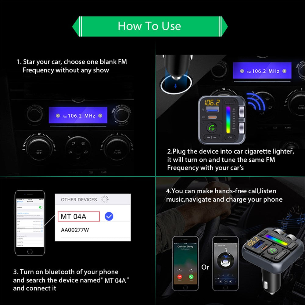 MT04 Bluetooth FM Transmitter: HiFi MP3 mit PD-Schnellladung
