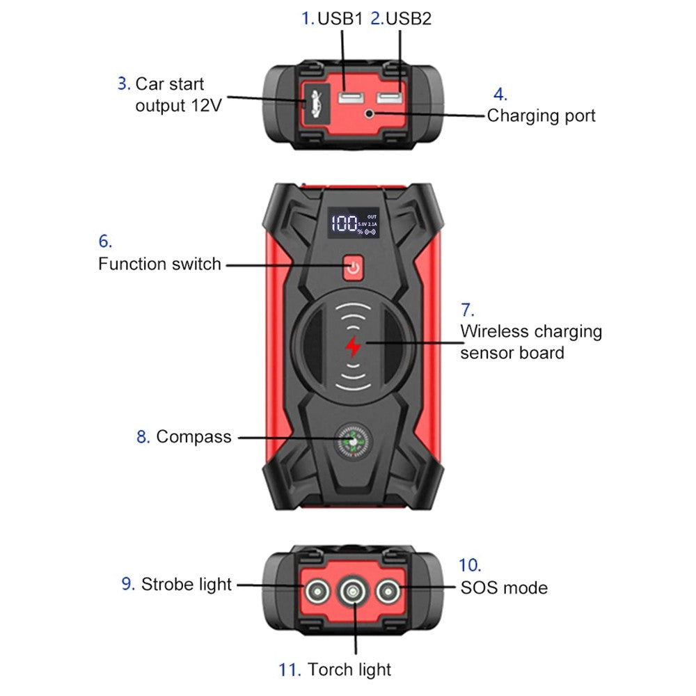 J13 Portable Car Jump Starter 12V Car Emergency Starter Cell Phone Power Bank with Wireless Charging (EU Plug)