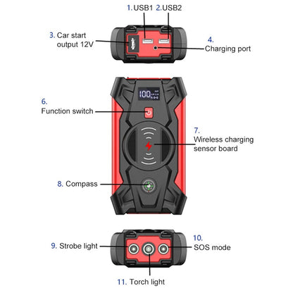 J13 Portable Car Jump Starter 12V Car Emergency Starter Cell Phone Power Bank with Wireless Charging (EU Plug)