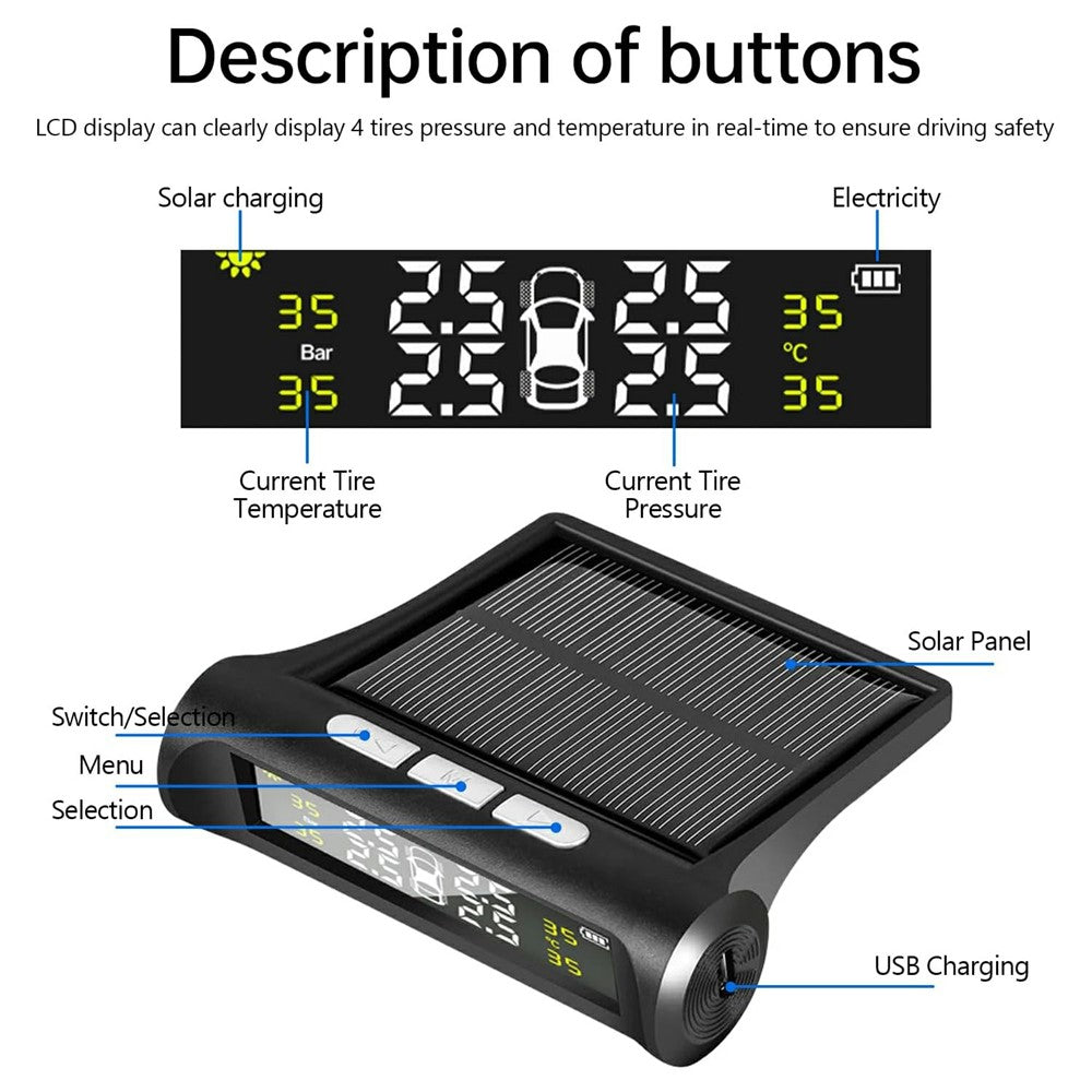 TPMS Reifendruckkontrollsystem – Solarbetrieben, Kabellos, mit Alarmfunktion