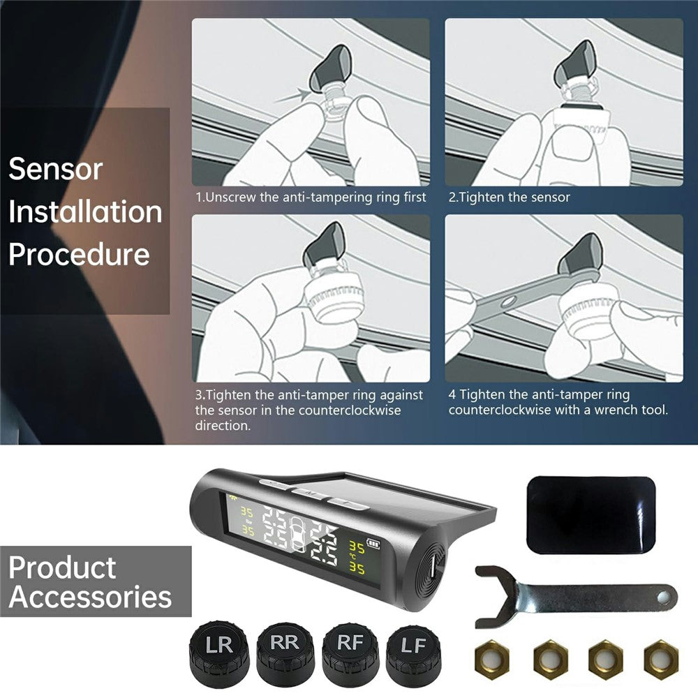 TPMS Reifendruckkontrollsystem – Solarbetrieben, Kabellos, mit Alarmfunktion