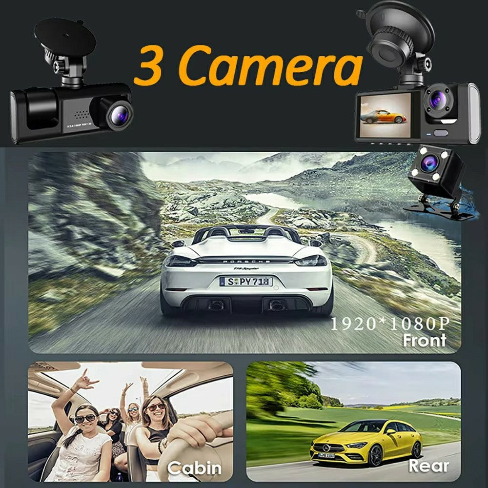 WIFI Dashcam 1080P - Front, Innen, Hinten mit 3 Linsen & Parküberwachung