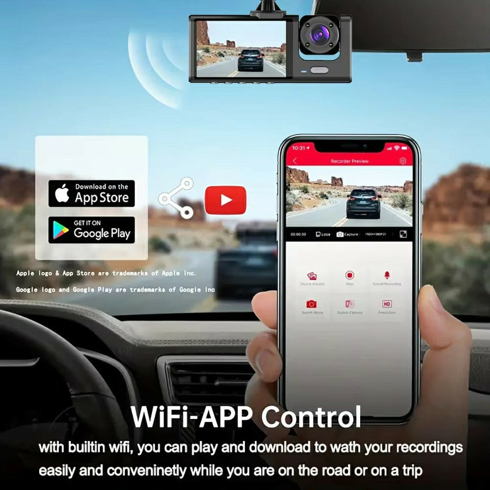 WIFI Dashcam 1080P - Front, Innen, Hinten mit 3 Linsen & Parküberwachung