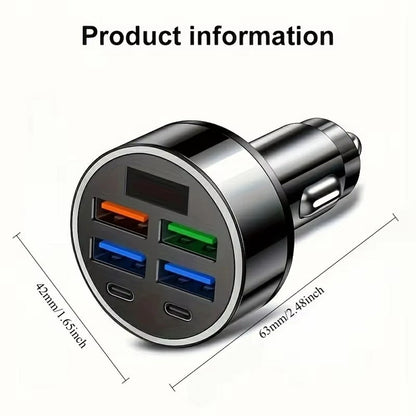 100W High Power 6-Port Car Charger PD QC3.0 Fast Charging Adapter with Voltage Display