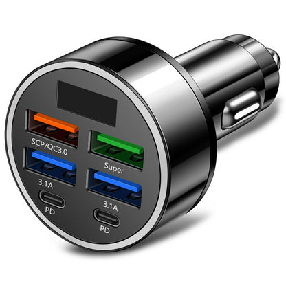 100W High Power 6-Port Car Charger PD QC3.0 Fast Charging Adapter with Voltage Display