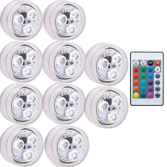 10Pcs RGB LED Underwater Light 16 Colors Fish Tank Decorative Light IP68 Waterproof Submersible Pool Lamp with Remote