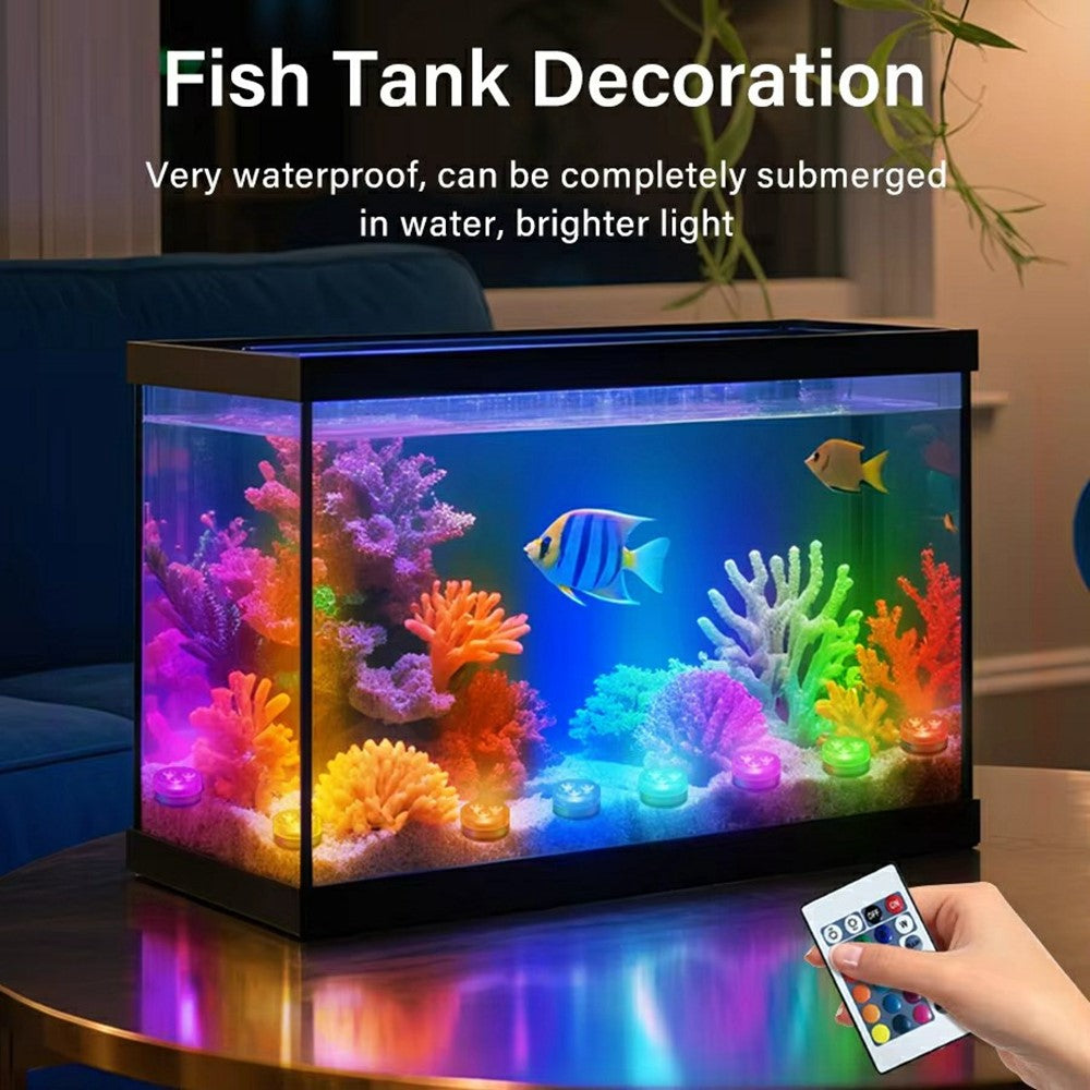 10Pcs RGB LED Underwater Light 16 Colors Fish Tank Decorative Light IP68 Waterproof Submersible Pool Lamp with Remote