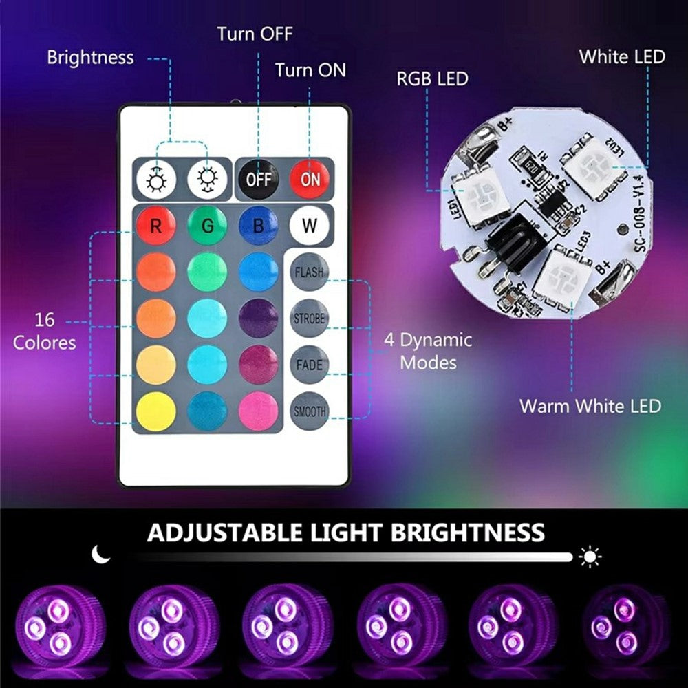 10Pcs RGB LED Underwater Light 16 Colors Fish Tank Decorative Light IP68 Waterproof Submersible Pool Lamp with Remote