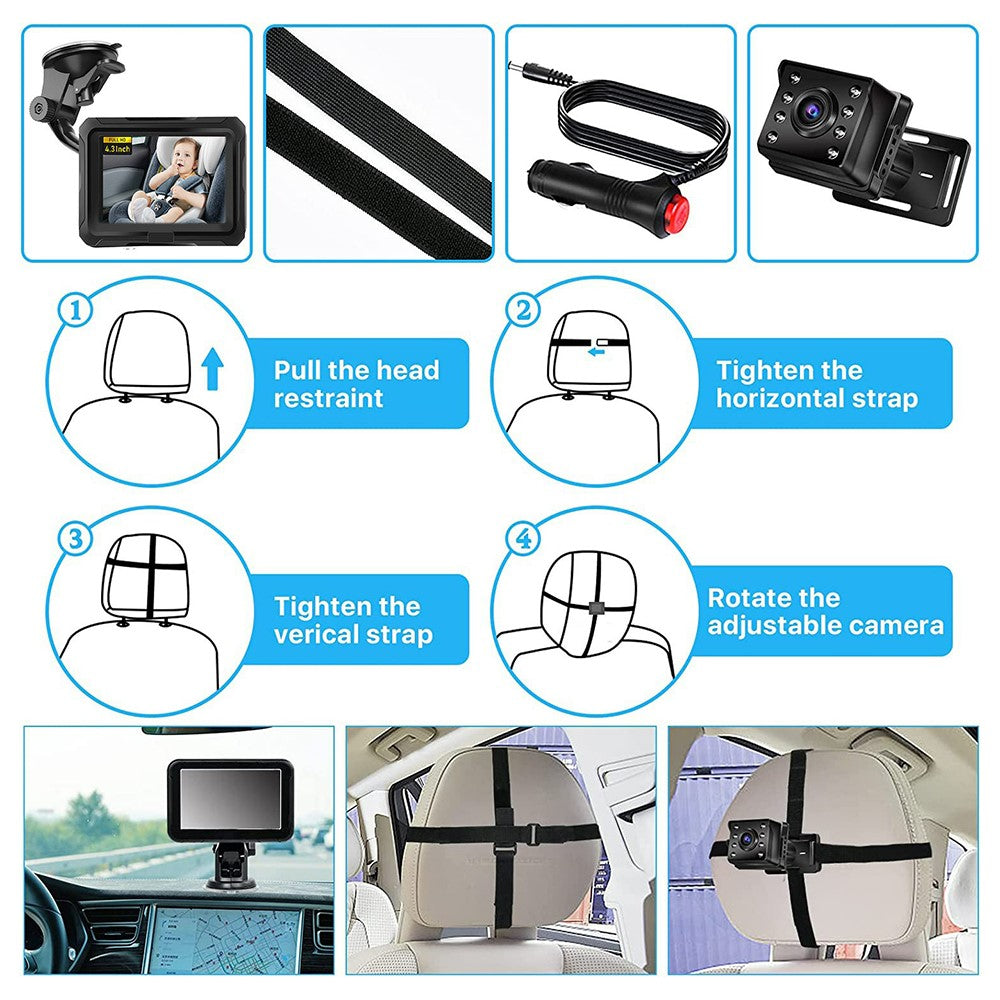 4.3 Inch HD 1080P Car Baby Monitor 360 Degree Rotation Wide Angle Night Vision Camera
