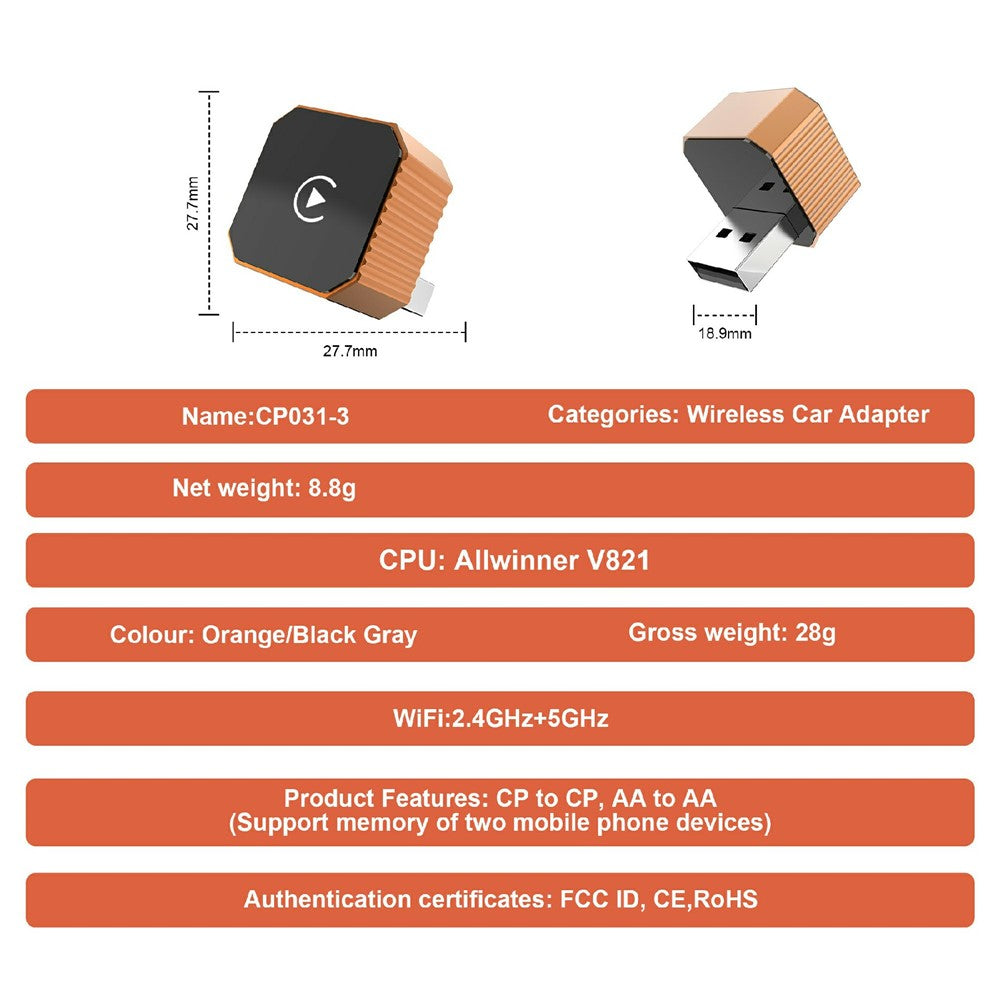 CP031-3 2-in-1 Wireless CarPlay/Android Auto Adapter: Plug & Play AI Box