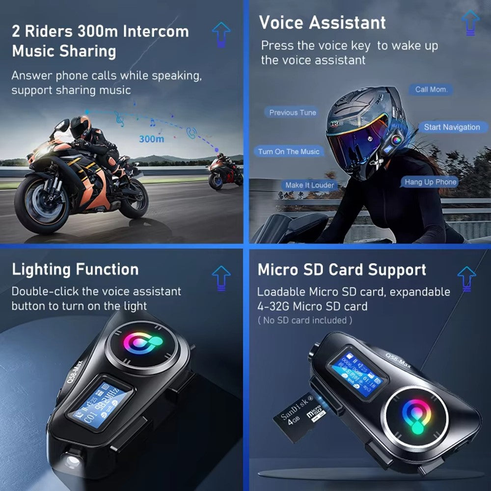 Q58Max Motorrad-Helm Intercom Headset: 500m Reichweite, FM Radio, LED