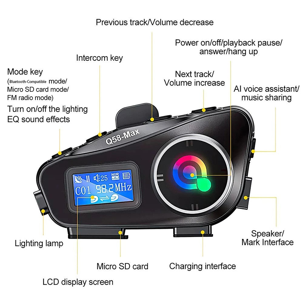 Q58Max Motorrad-Helm Intercom Headset: 500m Reichweite, FM Radio, LED