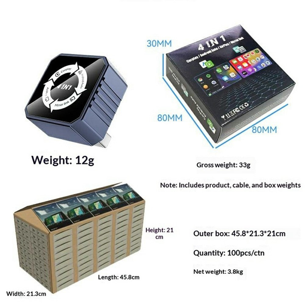 Q1BVS 4in1: Kabelgebunden zu Kabellos CarPlay/Android Auto, AirPlay & Mirror Link Dongle