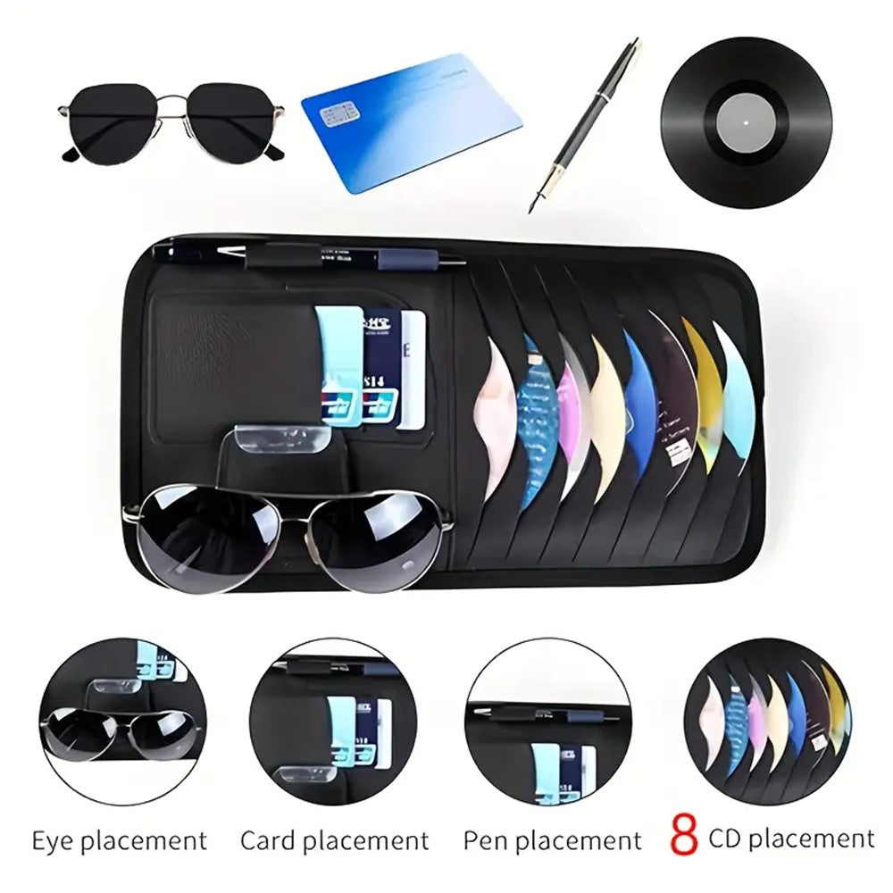 Multifunktionaler Auto-Sonnenblenden-Organizer aus PU-Leder – Karten, CDs, Brille & Stift