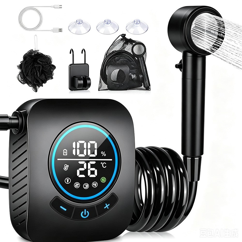 Smart LCD Display Portable Shower Built-in 8000mAh Battery IPX8 Waterproof 5 Speeds Camping Bathing Set