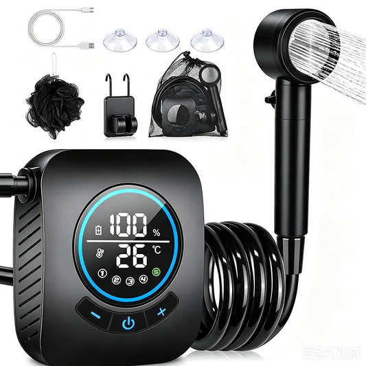 Smart LCD Display Portable Shower Built-in 8000mAh Battery IPX8 Waterproof 5 Speeds Camping Bathing Set