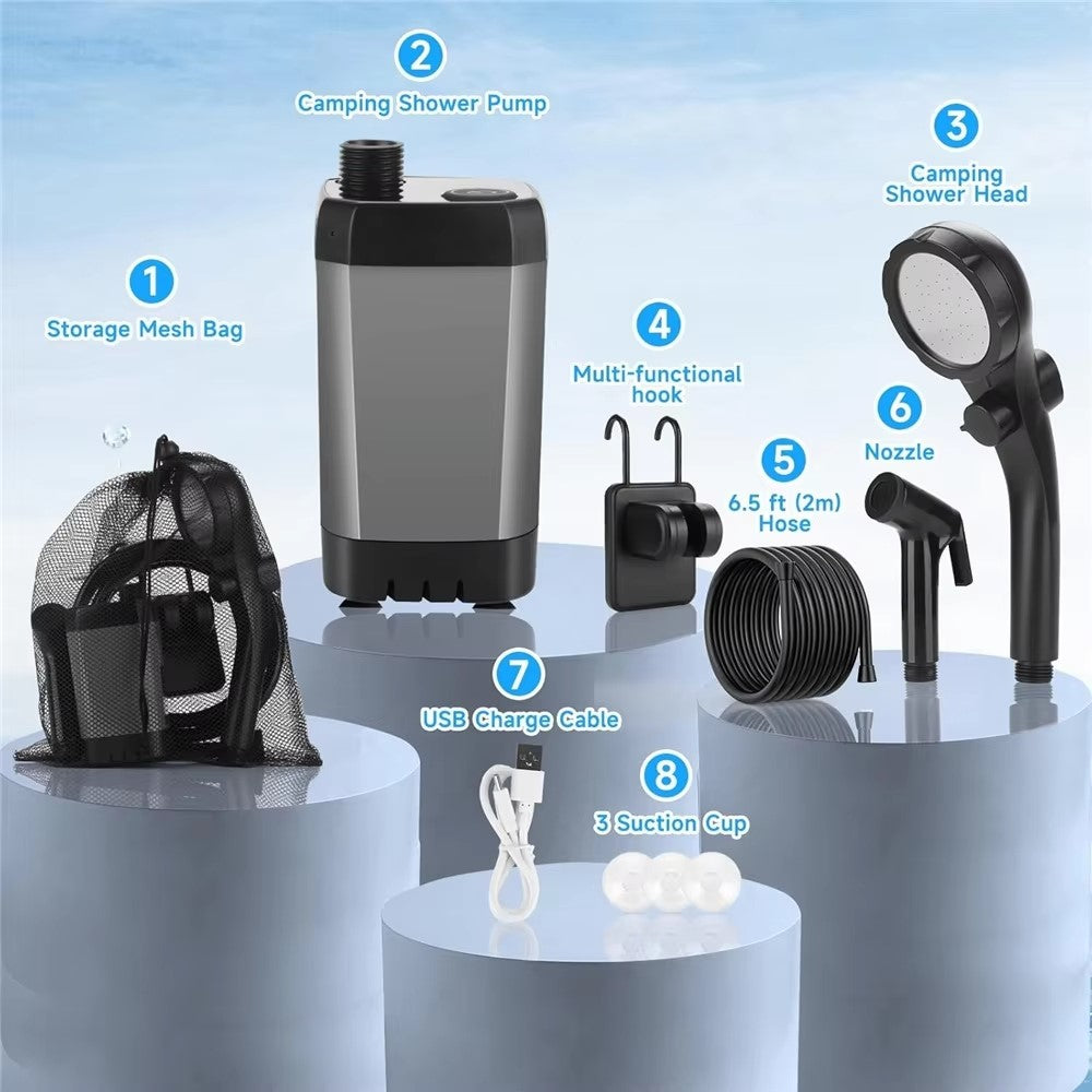 Portable Electric Shower Pump Built-in 6000mAh Battery IPX7 Waterproof 4 Modes Camping Bathing Set