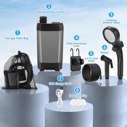 Portable Electric Shower Pump Built-in 6000mAh Battery IPX7 Waterproof 4 Modes Camping Bathing Set