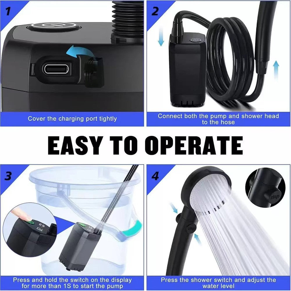 Portable Electric Shower Pump Built-in 6000mAh Battery IPX7 Waterproof 4 Modes Camping Bathing Set