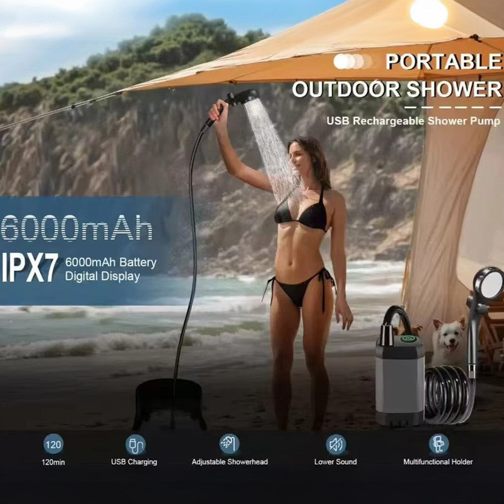 Portable Electric Shower Pump Built-in 6000mAh Battery IPX7 Waterproof 4 Modes Camping Bathing Set