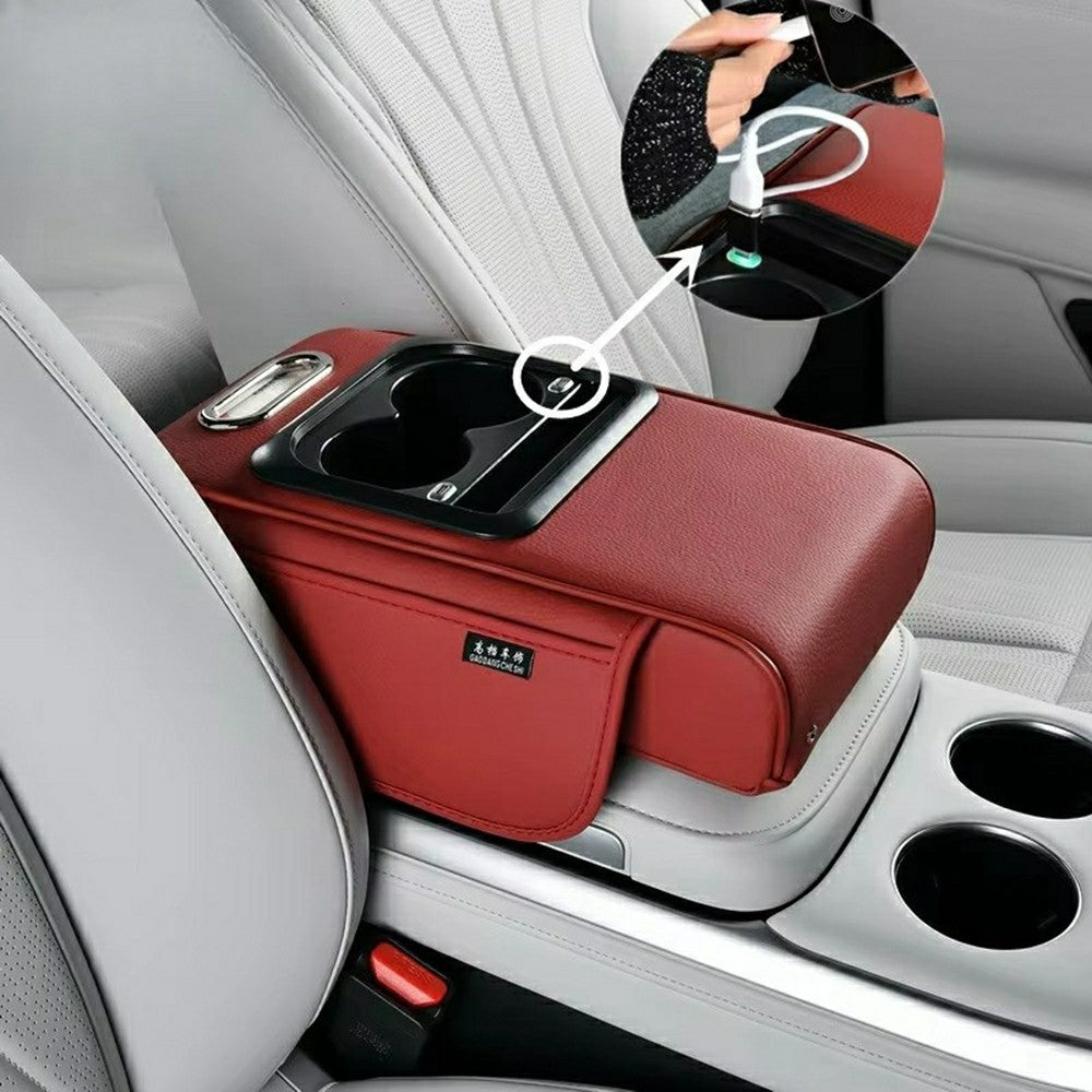 PU-Leder Armlehnen-Polster für Auto Mittelkonsole mit Ladeanschluss & Getränkehalter